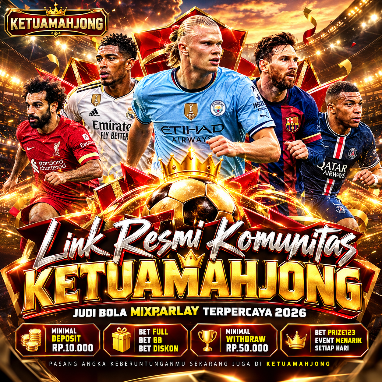 Poster KetuaMahjong bertema stadion sepak bola dengan sejumlah figur pemain dan grafis warna merah, emas, serta hitam