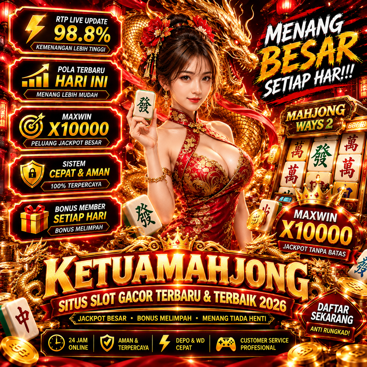 Poster promosi KetuaMahjong 2026 berwarna merah emas dengan karakter fantasi dan naga