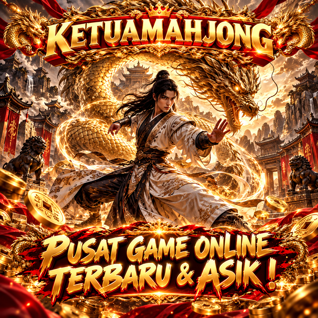Poster KetuaMahjong menampilkan tokoh fantasi Asia dan naga emas dengan judul Pusat Game Online Terbaru & Asik